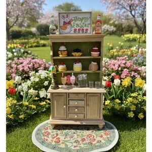 Dollhouse Miniature Easter Kitchen Cabinet with Accessories